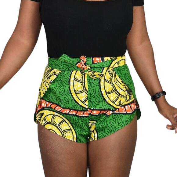 Homemade Wrap Shorts Green Ankara African Print Hot Pants Retro Sewing Cotton 4 - Picture 1 of 16